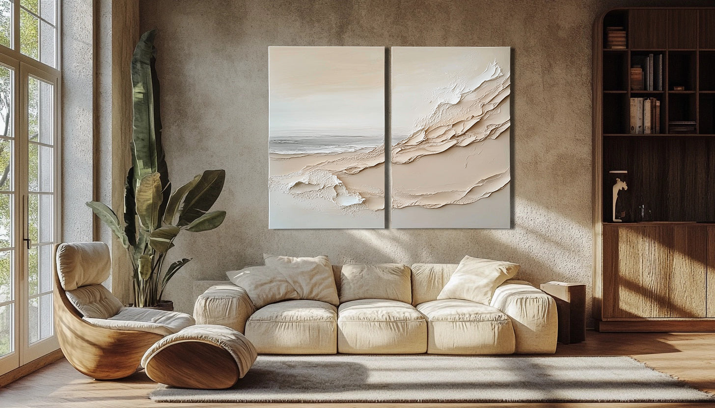 Sands of Serenity 3D wall art decoration diptych with textured neutral layered design