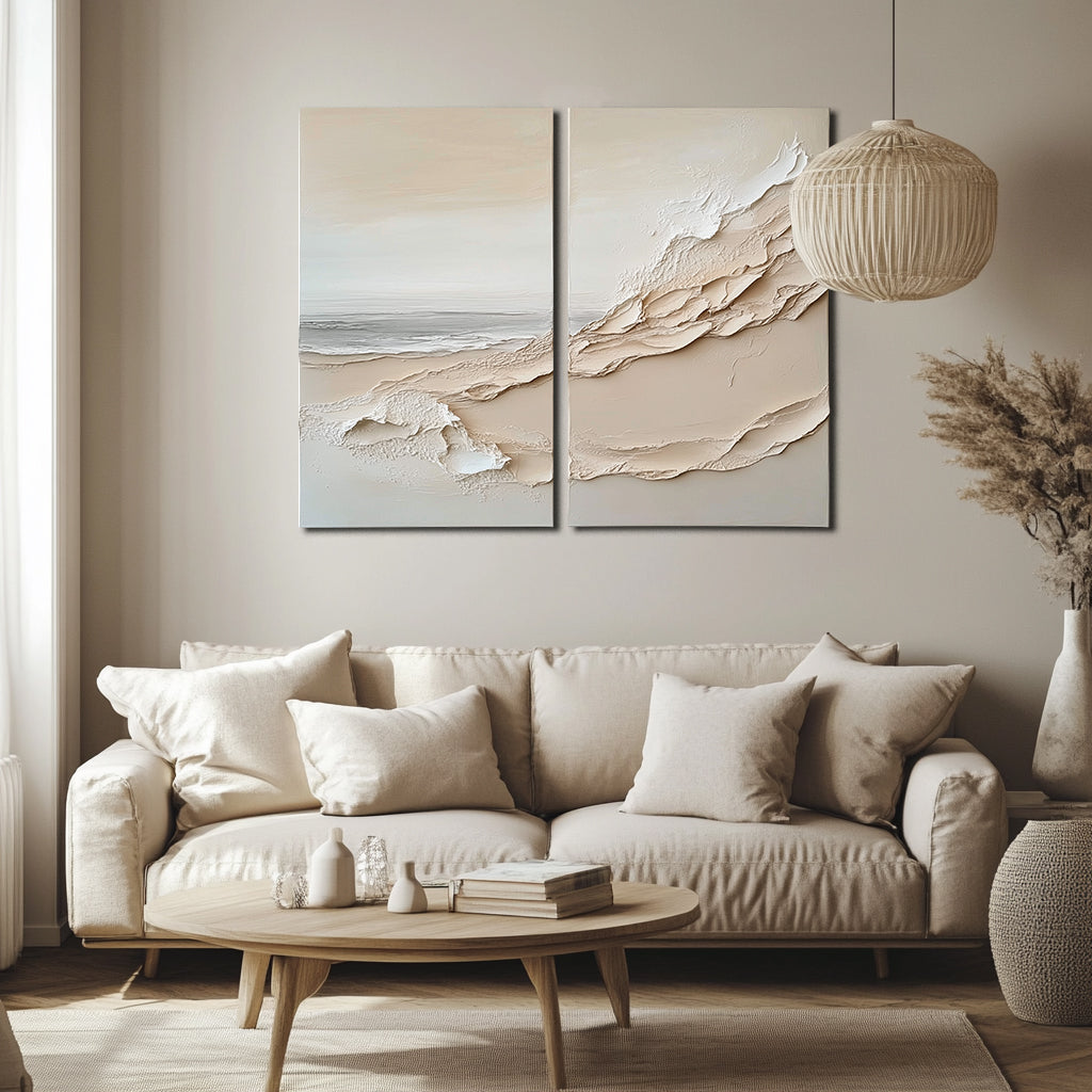 Sands of Serenity 3D wall art decoration diptych with textured neutral layered design
