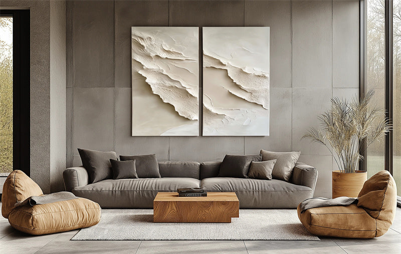 Ethereal Layers 3d wall art for living room diptych with textured abstract neutral design