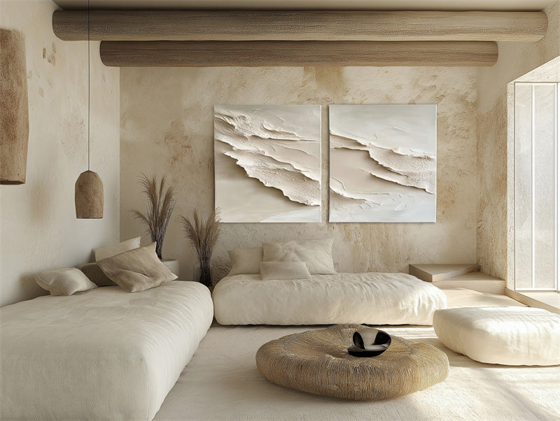 Ethereal Layers 3d wall art for living room diptych with textured abstract neutral design