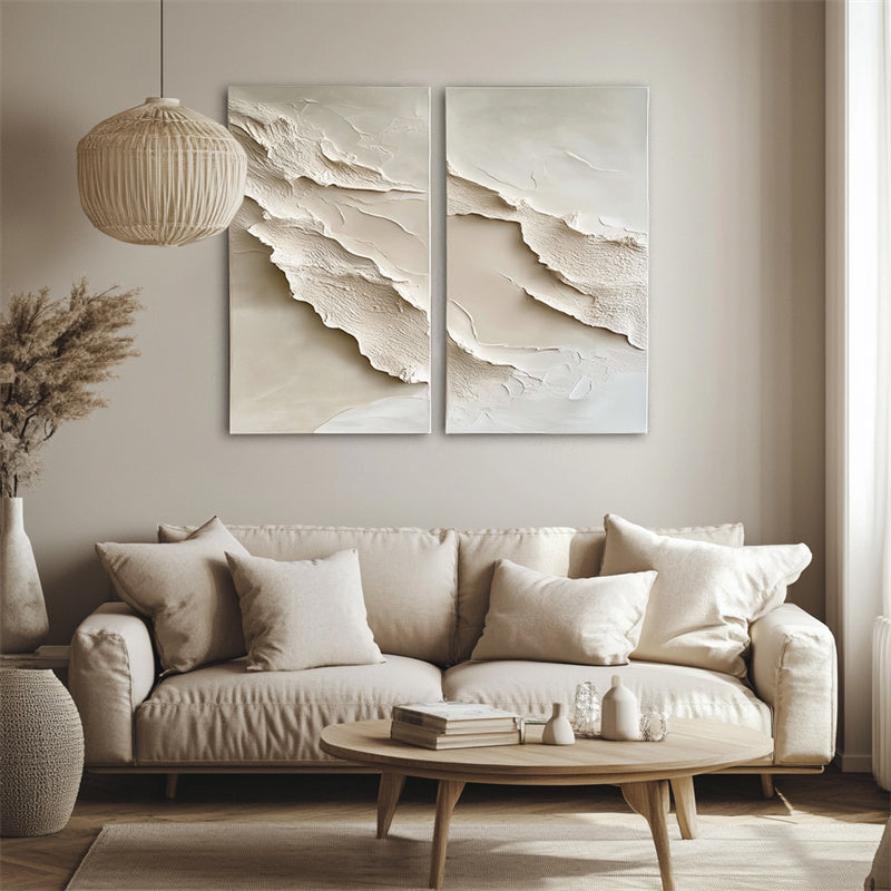 Ethereal Layers 3d wall art for living room diptych with textured abstract neutral design