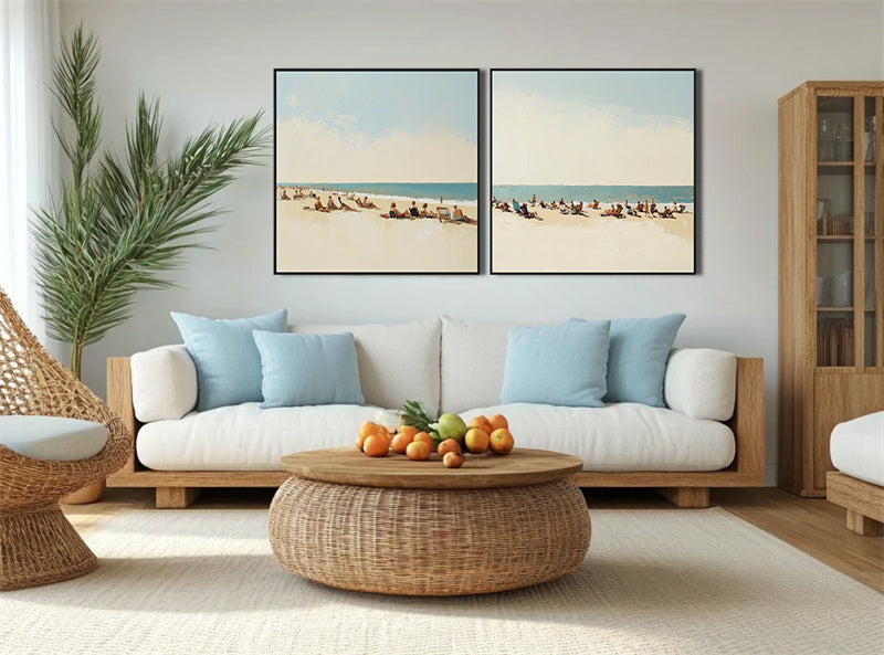 Coastal Bliss summer wall decor diptych with serene beach scene and soft coastal tones