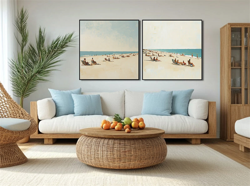 Coastal Bliss summer wall decor diptych with serene beach scene and soft coastal tones