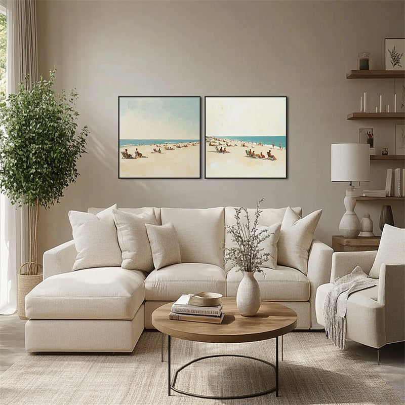 Coastal Bliss summer wall decor diptych with serene beach scene and soft coastal tones