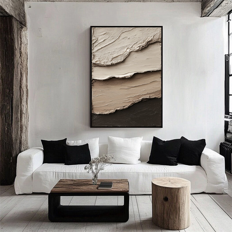 Layered earthy tone textured abstract painting with cream, beige, and brown tones.