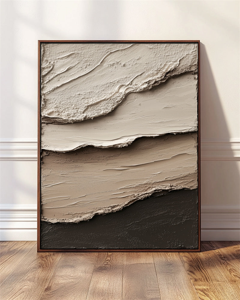 Layered earthy tone textured abstract painting with cream, beige, and brown tones.
