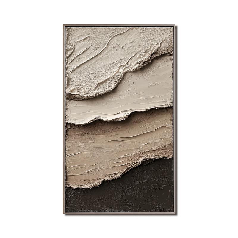 Layered earthy tone textured abstract painting with cream, beige, and brown tones.