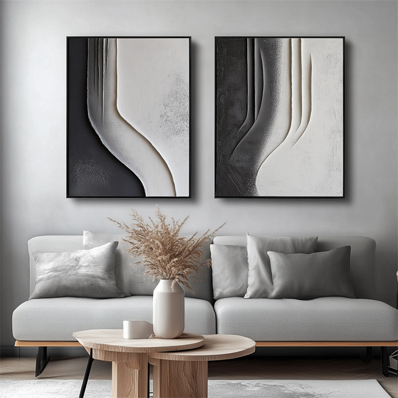 Dual Balance modern 3D abstract art diptych with black and white textured curved design
