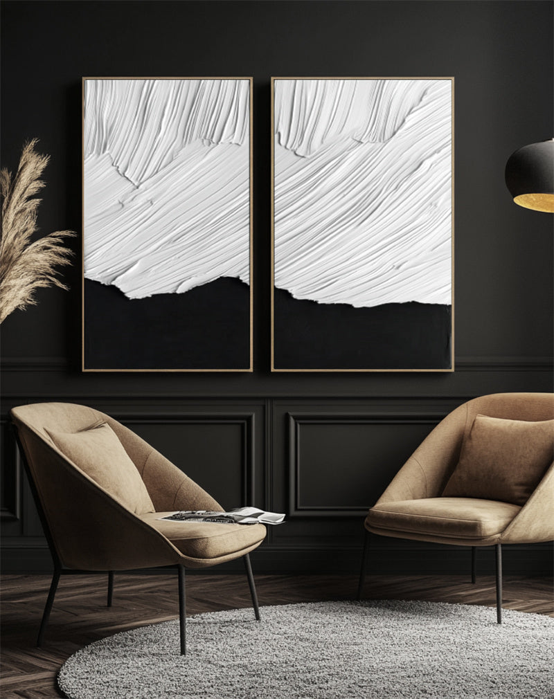 Dual textured black and white panels Scandinavian wall art with abstract brushstroke textures