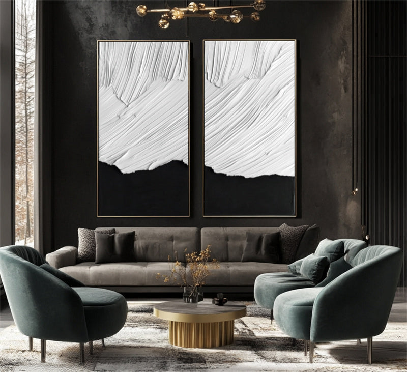 Dual textured black and white panels Scandinavian wall art with abstract brushstroke textures
