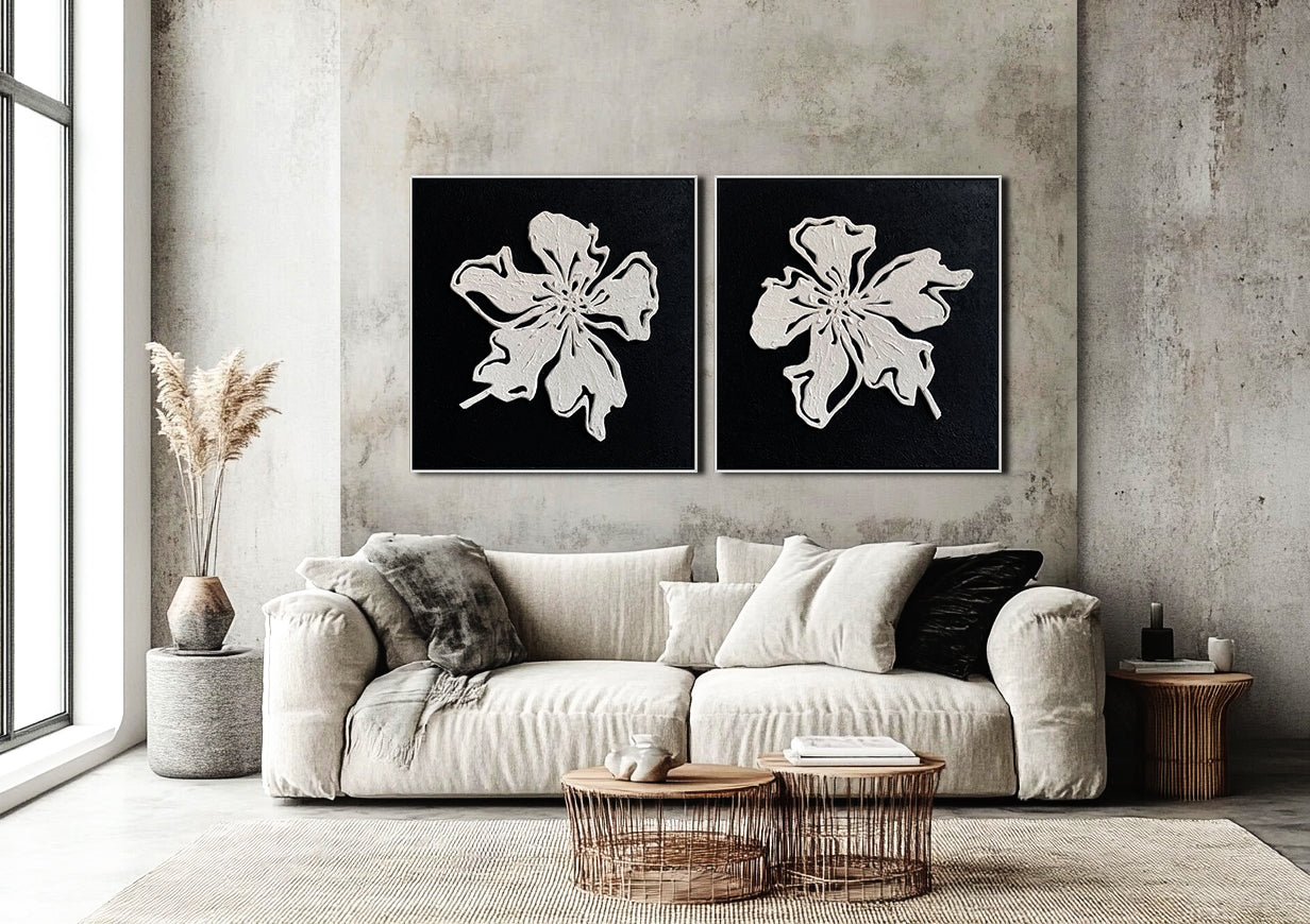 Monochrome Bloom floral canvas wall art diptych with textured white flowers on black background