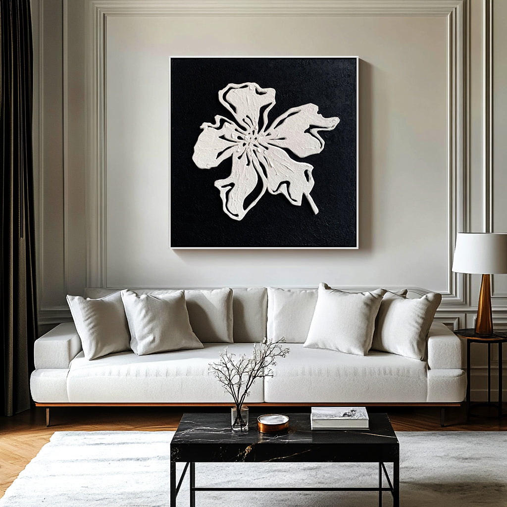 Monochrome Bloom floral canvas wall art diptych with textured white flowers on black background