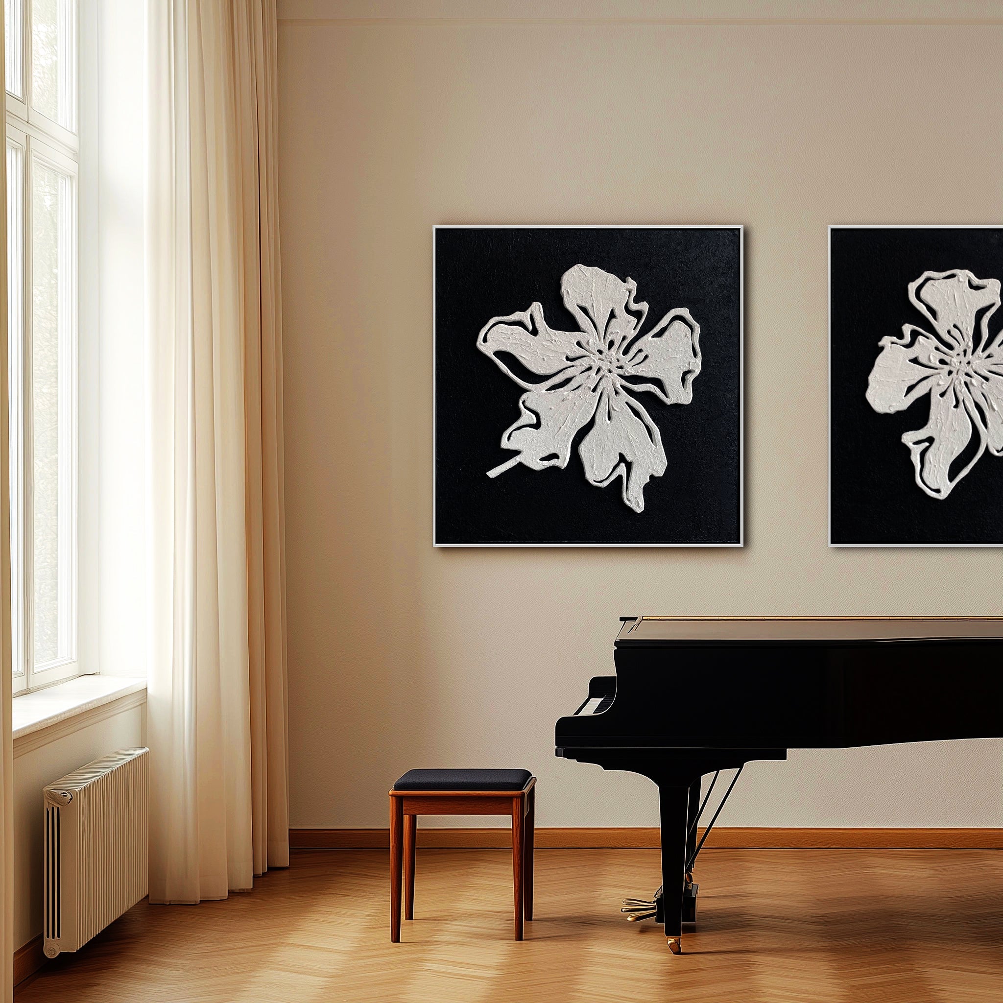 Monochrome Bloom floral canvas wall art diptych with textured white flowers on black background