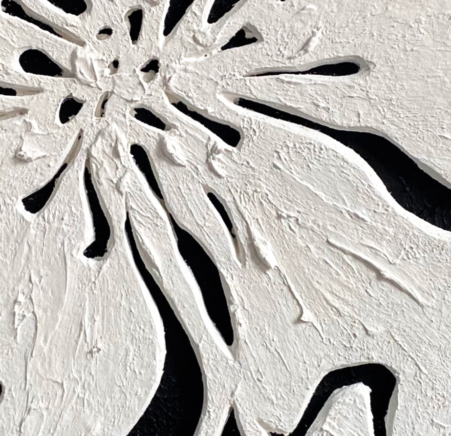 Monochrome Bloom floral canvas wall art diptych with textured white flowers on black background