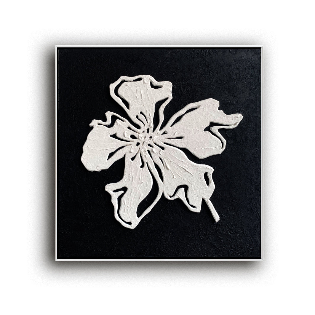 Monochrome Bloom floral canvas wall art diptych with textured white flowers on black background