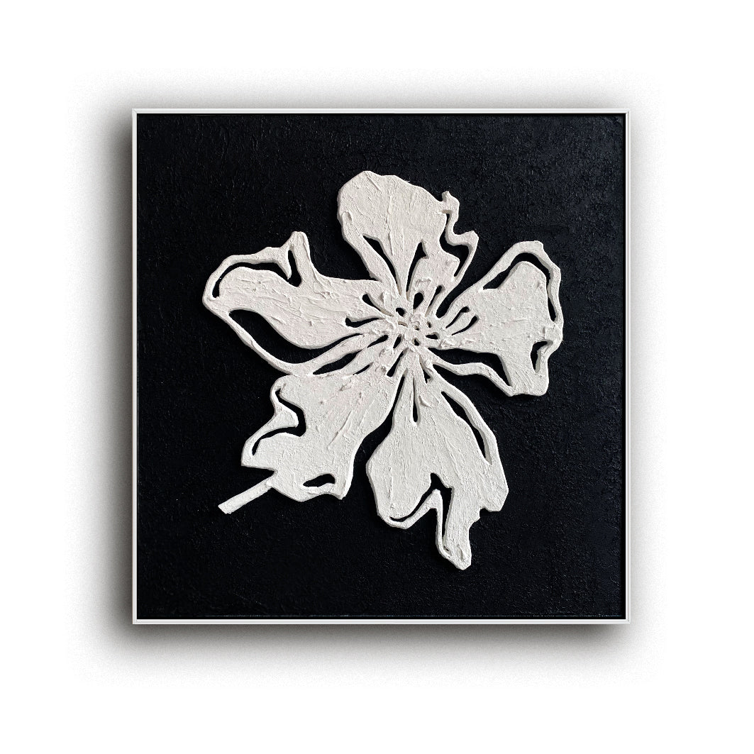 Monochrome Bloom floral canvas wall art diptych with textured white flowers on black background