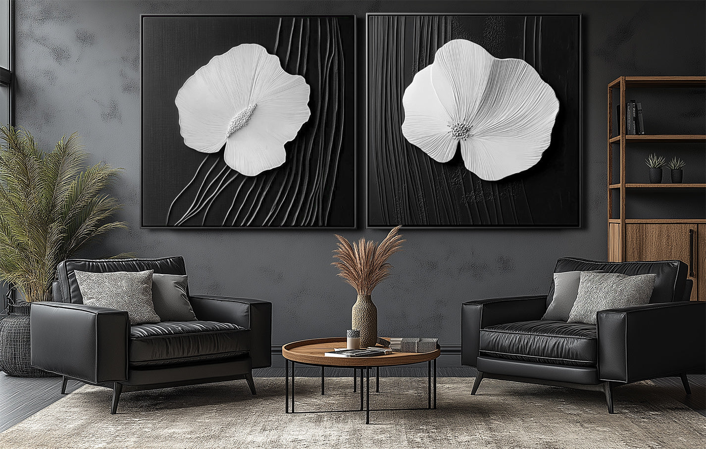 Bloom Essence modern floral wall art diptych with textured white flowers on black background