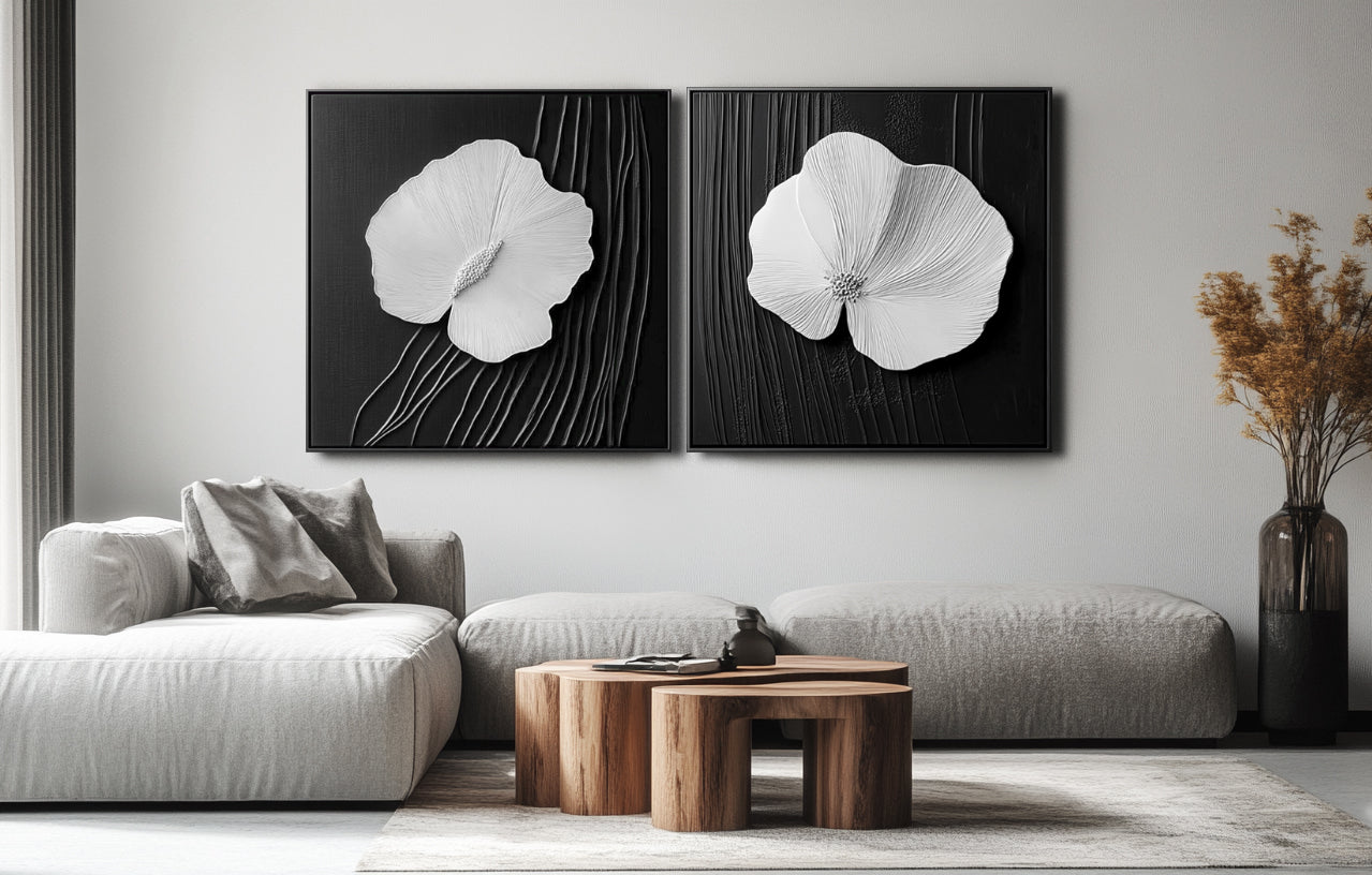 Bloom Essence modern floral wall art diptych with textured white flowers on black background