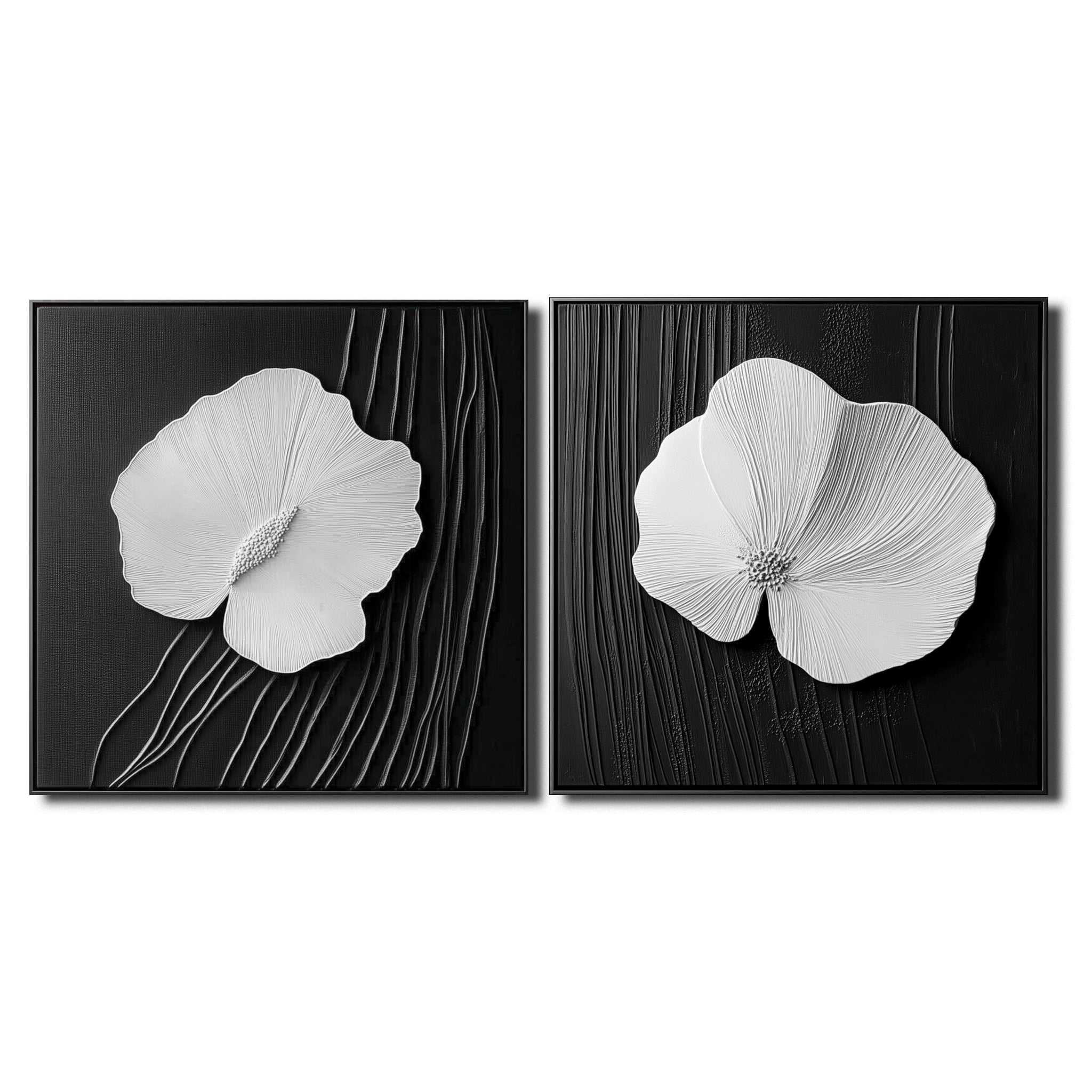 Bloom Essence modern floral wall art diptych with textured white flowers on black background