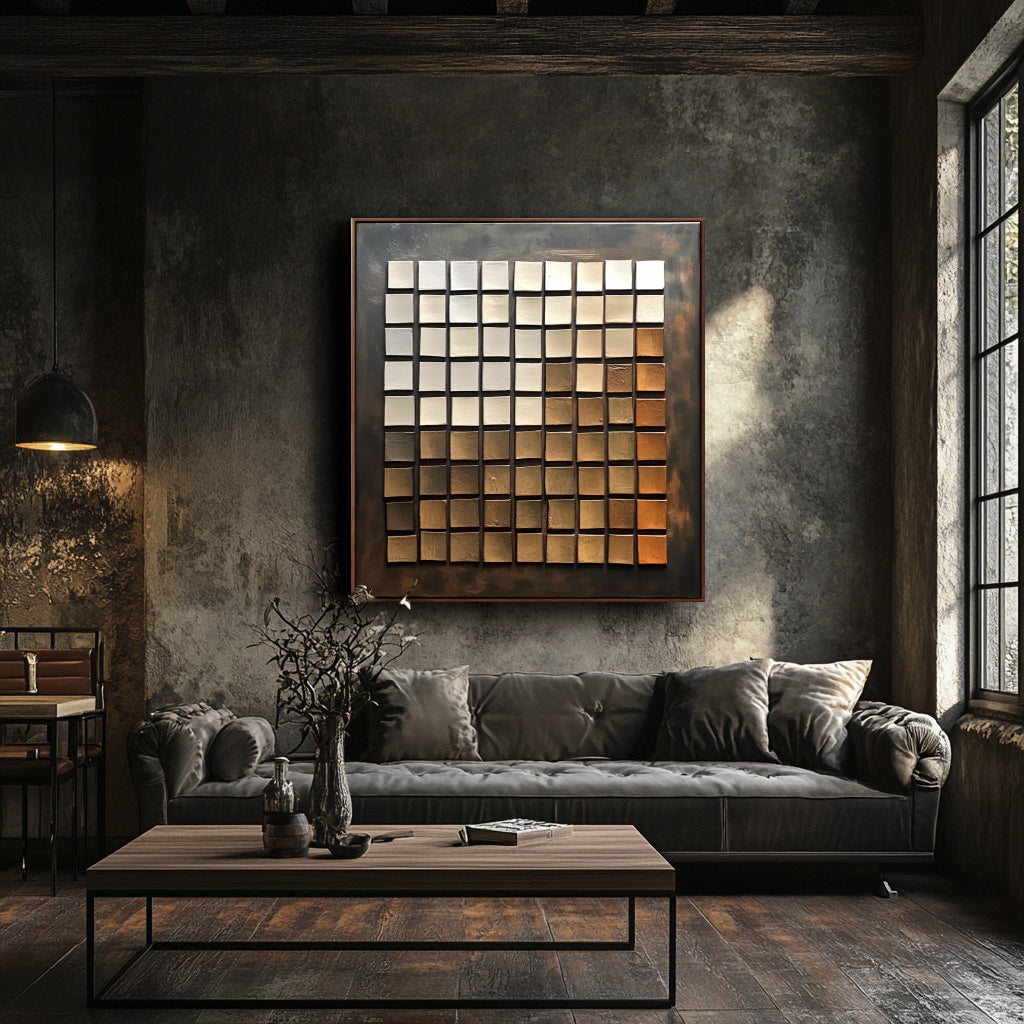 Earthy geometric grid oil painting with textured squares in warm tones.