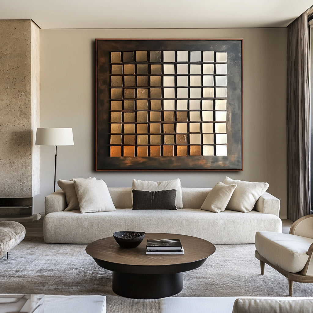 Earthy geometric grid oil painting with textured squares in warm tones.