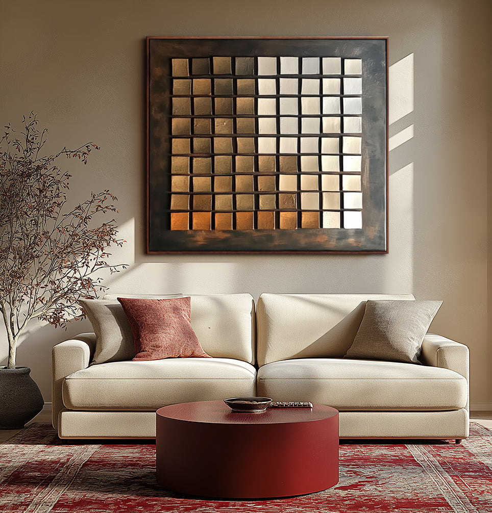 Earthy geometric grid oil painting with textured squares in warm tones.