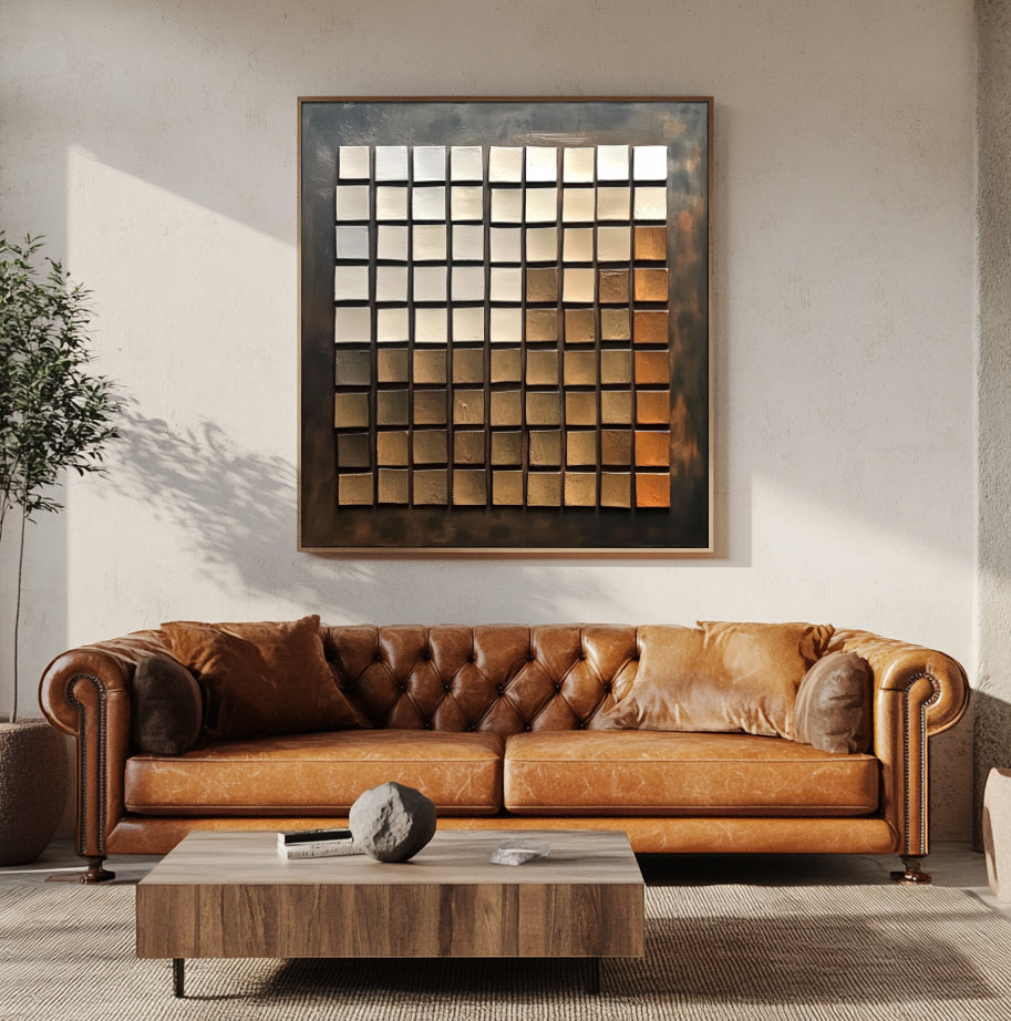 Earthy geometric grid oil painting with textured squares in warm tones.