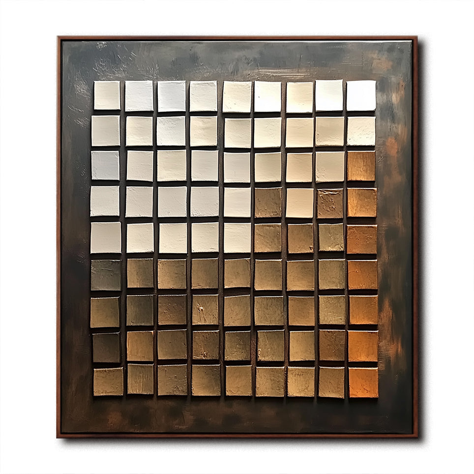Earthy geometric grid oil painting with textured squares in warm tones.