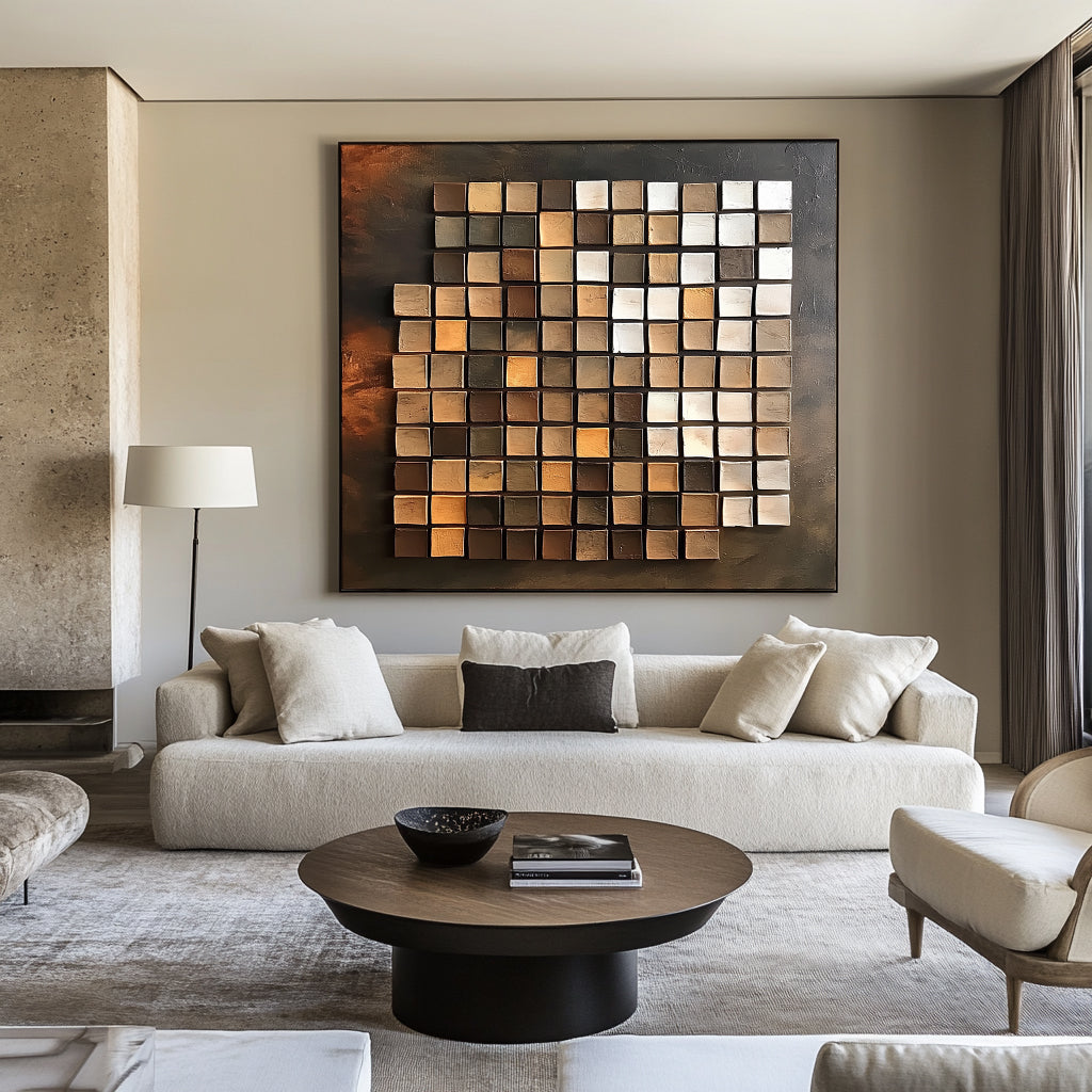 Textured abstract grid oil painting with earthy tones and 3D painted squares.