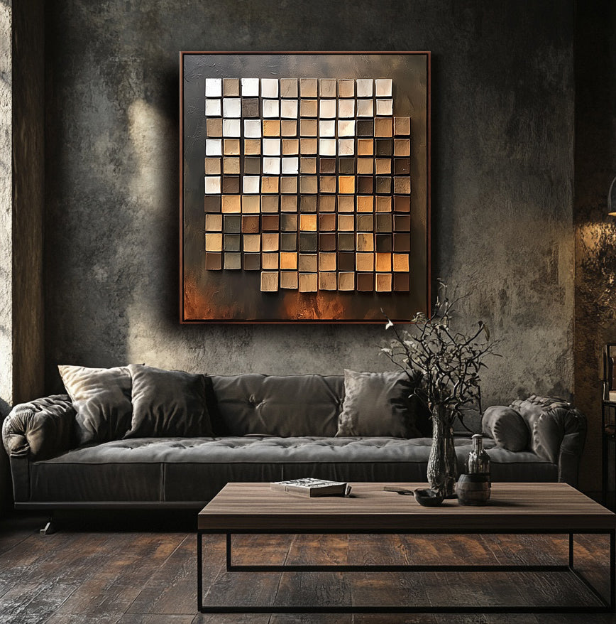 Textured abstract grid oil painting with earthy tones and 3D painted squares.