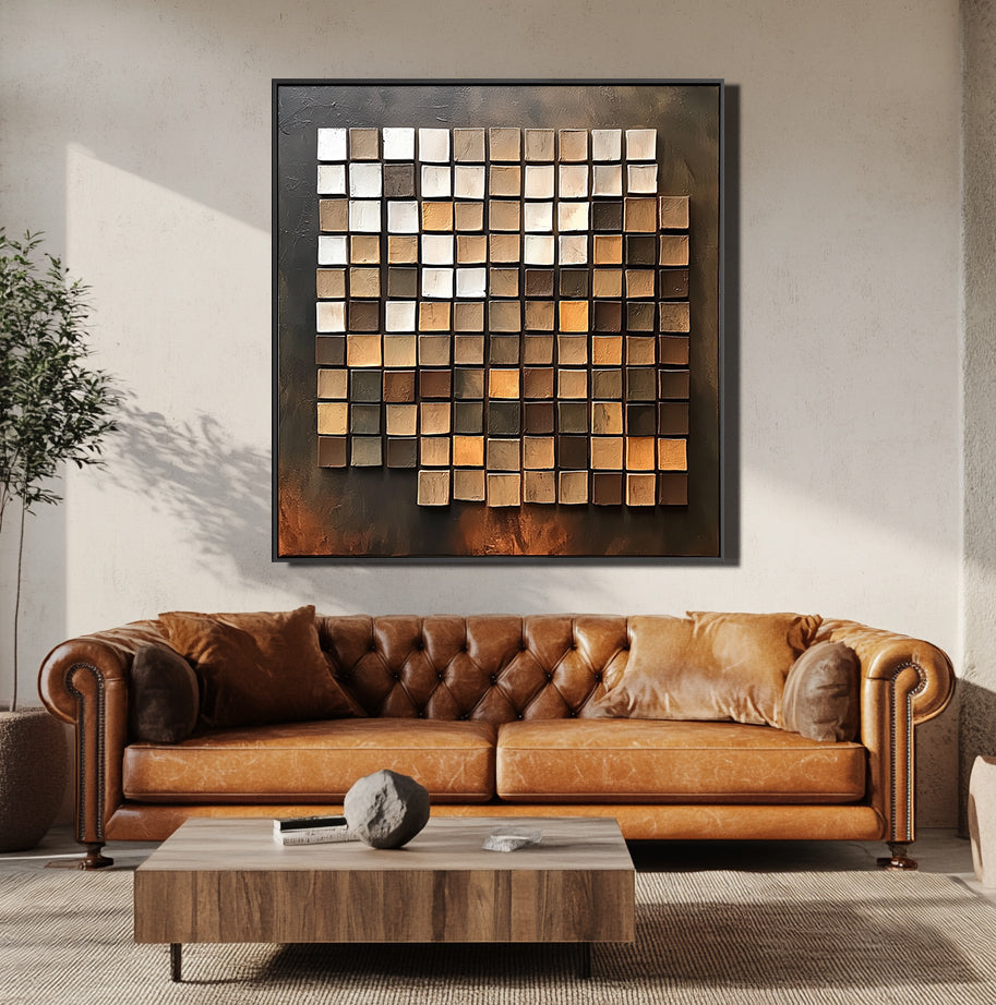Textured abstract grid oil painting with earthy tones and 3D painted squares.