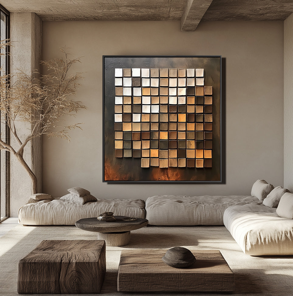Textured abstract grid oil painting with earthy tones and 3D painted squares.