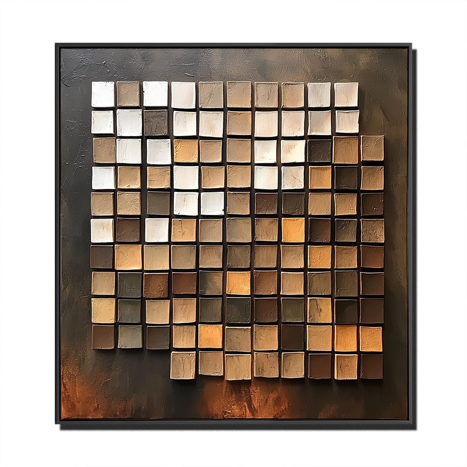 Textured abstract grid oil painting with earthy tones and 3D painted squares.