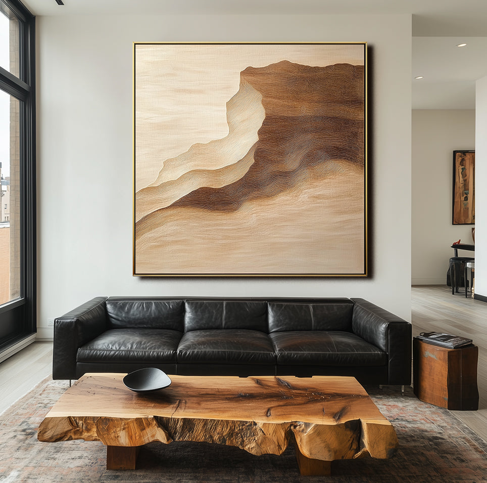 Minimalist landscape wall art with textured layers in earthy tones, depicting canyon-inspired contours.