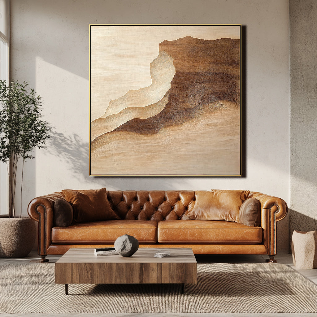 Minimalist landscape wall art with textured layers in earthy tones, depicting canyon-inspired contours.
