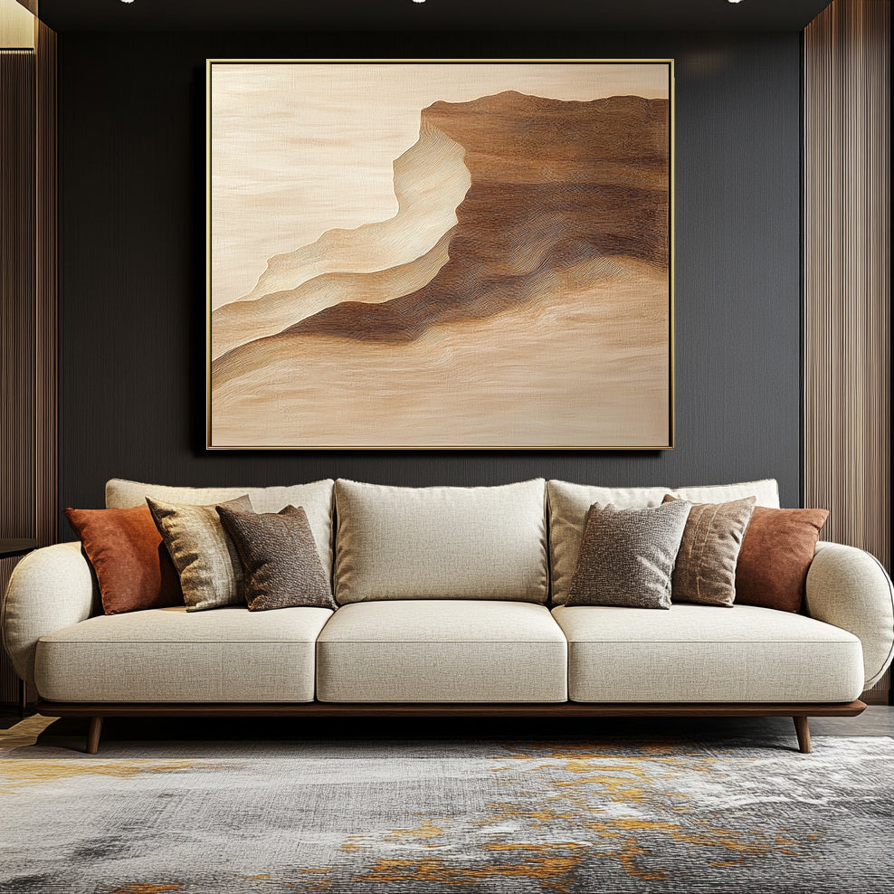 Minimalist landscape wall art with textured layers in earthy tones, depicting canyon-inspired contours.