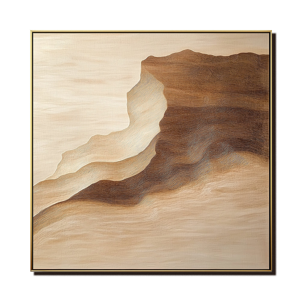 Minimalist landscape wall art with textured layers in earthy tones, depicting canyon-inspired contours.