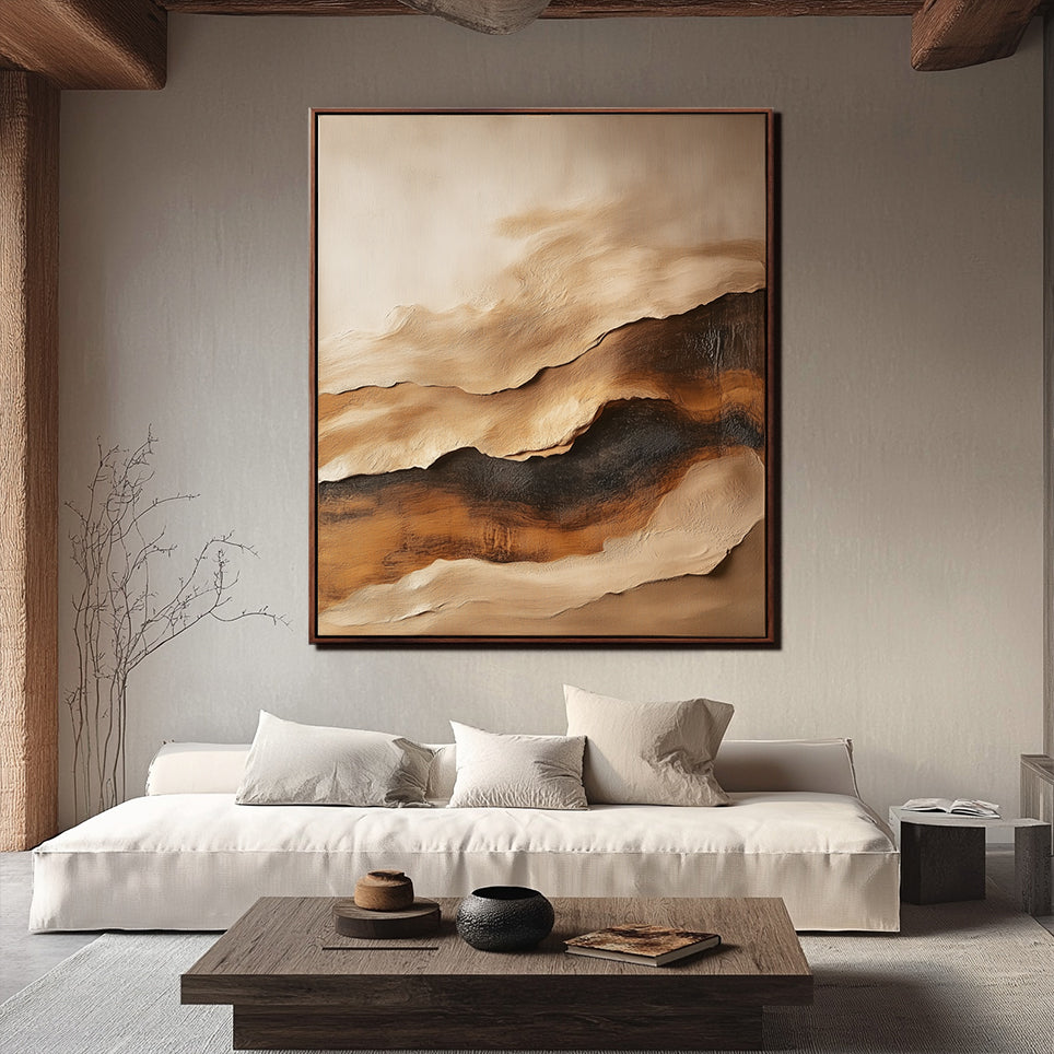 Textured abstract landscape oil painting with gold, beige, and gray tones, evoking a serene horizon.