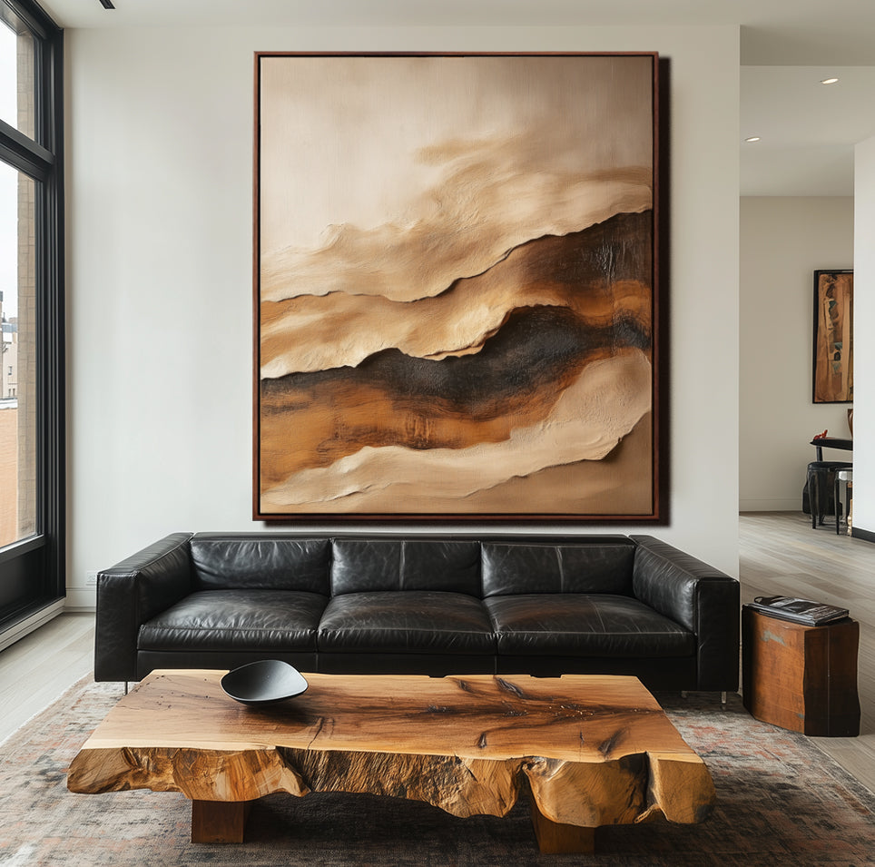 Textured abstract landscape oil painting with gold, beige, and gray tones, evoking a serene horizon.