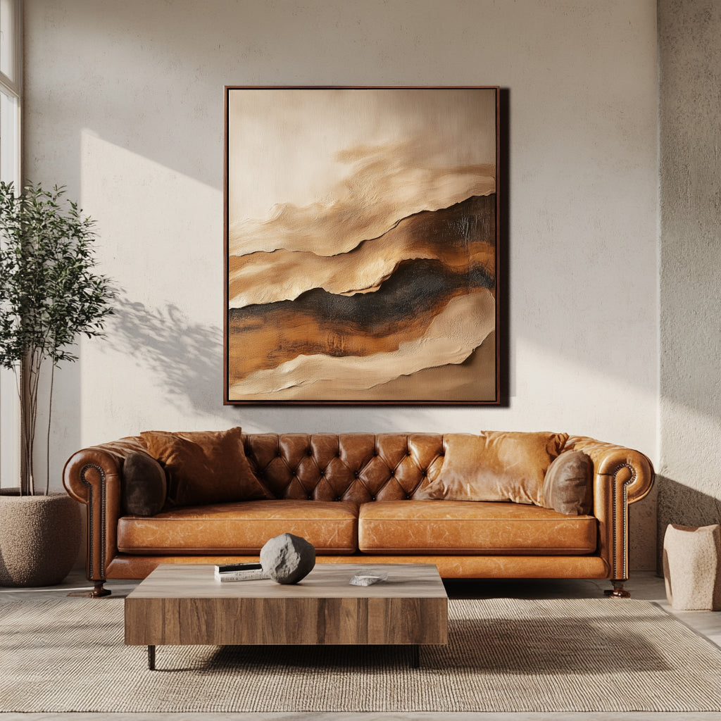 Textured abstract landscape oil painting with gold, beige, and gray tones, evoking a serene horizon.