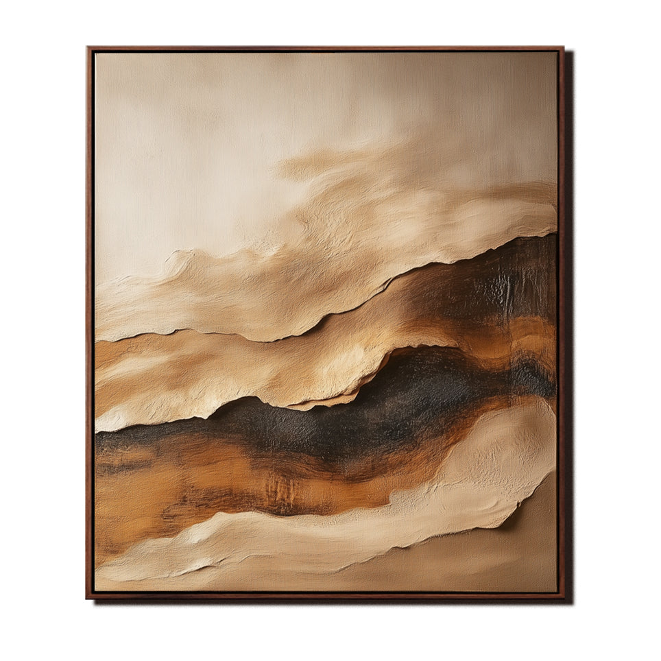 Textured abstract landscape oil painting with gold, beige, and gray tones, evoking a serene horizon.