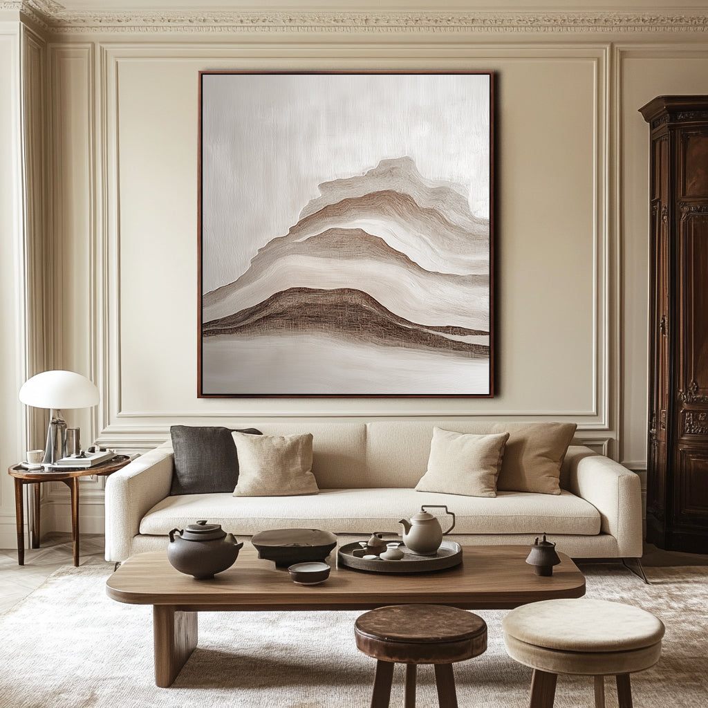 Textured mountain abstract art featuring layered brushstrokes in beige, brown, and white.