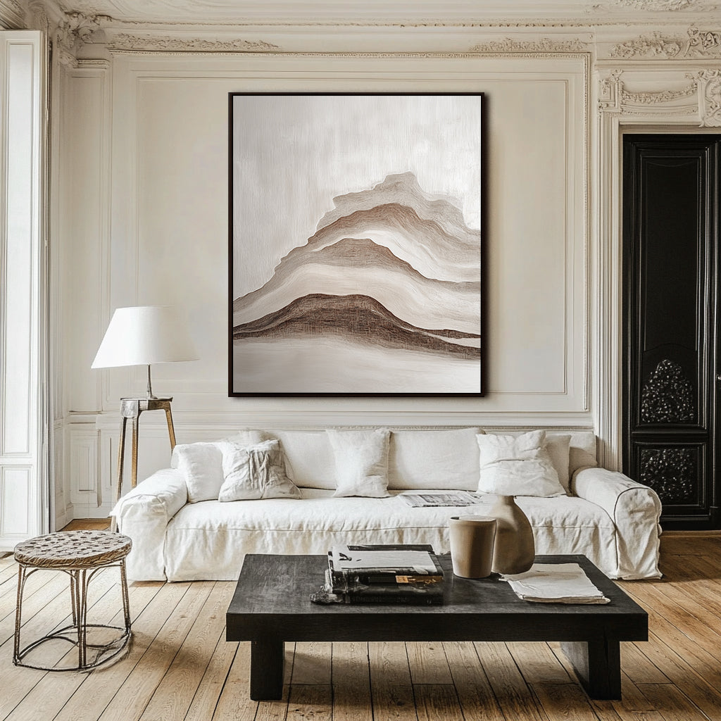 Textured mountain abstract art featuring layered brushstrokes in beige, brown, and white.