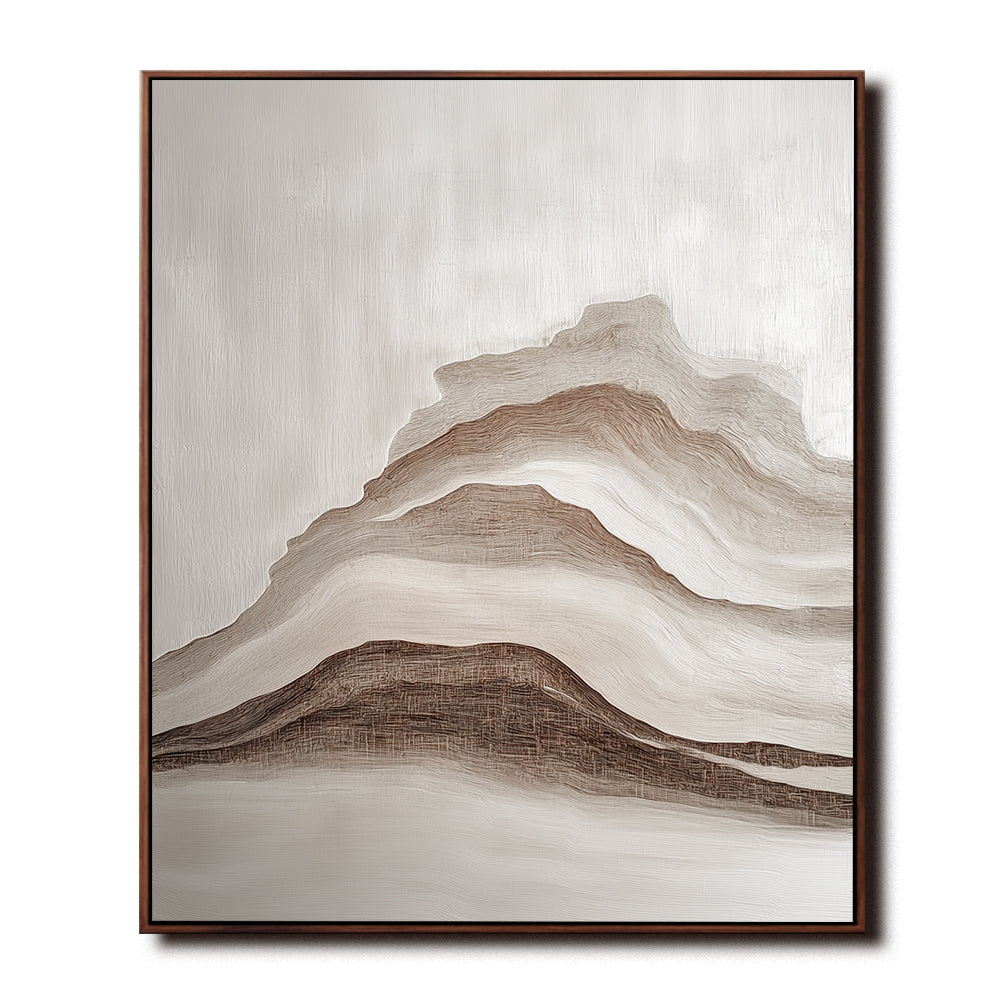 Textured mountain abstract art featuring layered brushstrokes in beige, brown, and white.