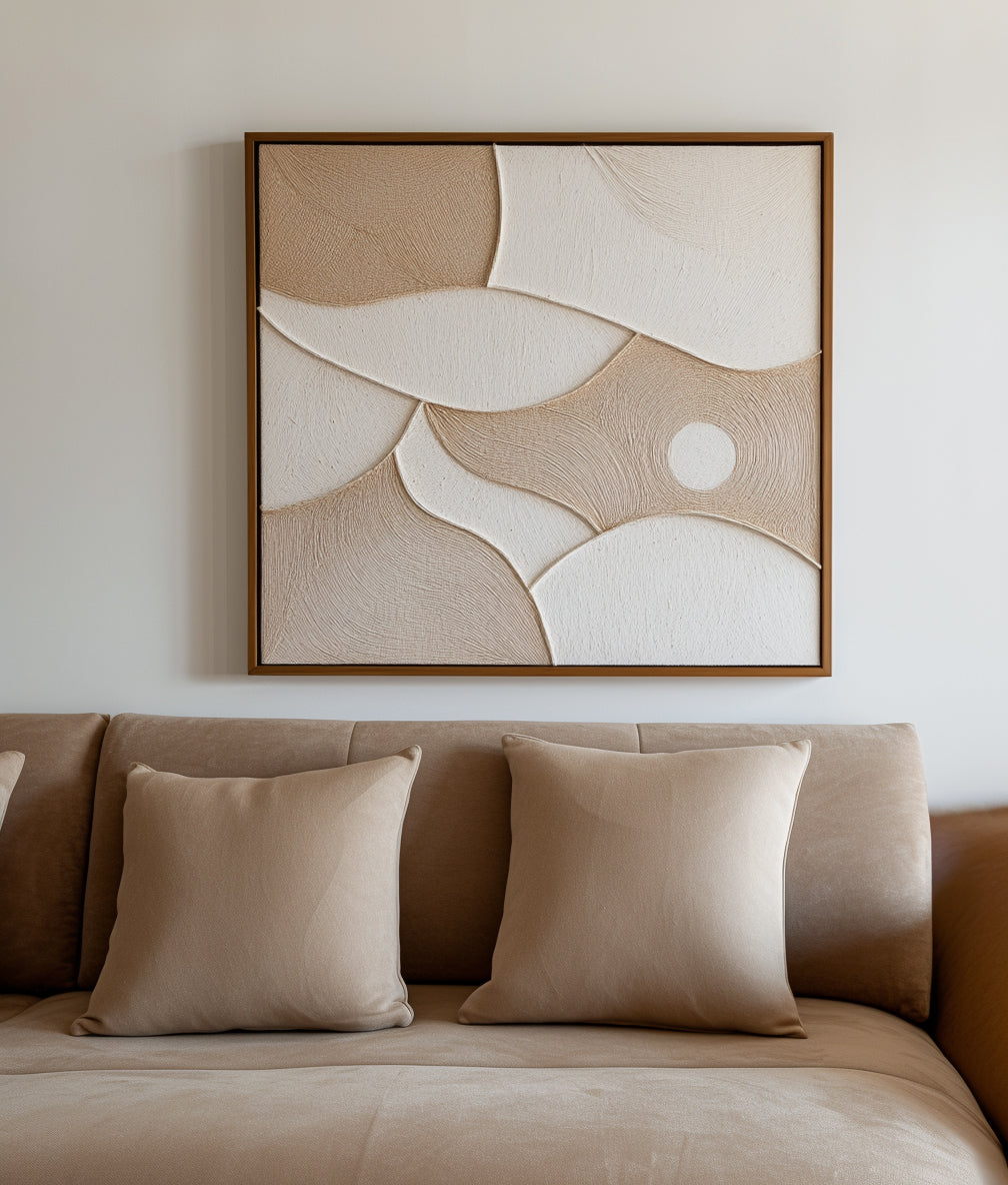 extured abstract wall art in neutral tones, beige and white with flowing shapes.