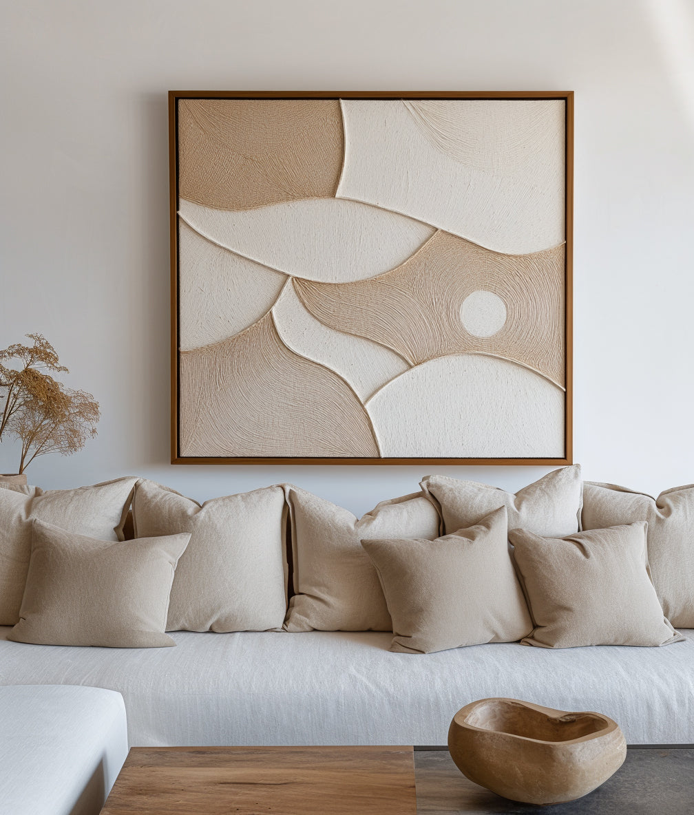 extured abstract wall art in neutral tones, beige and white with flowing shapes.