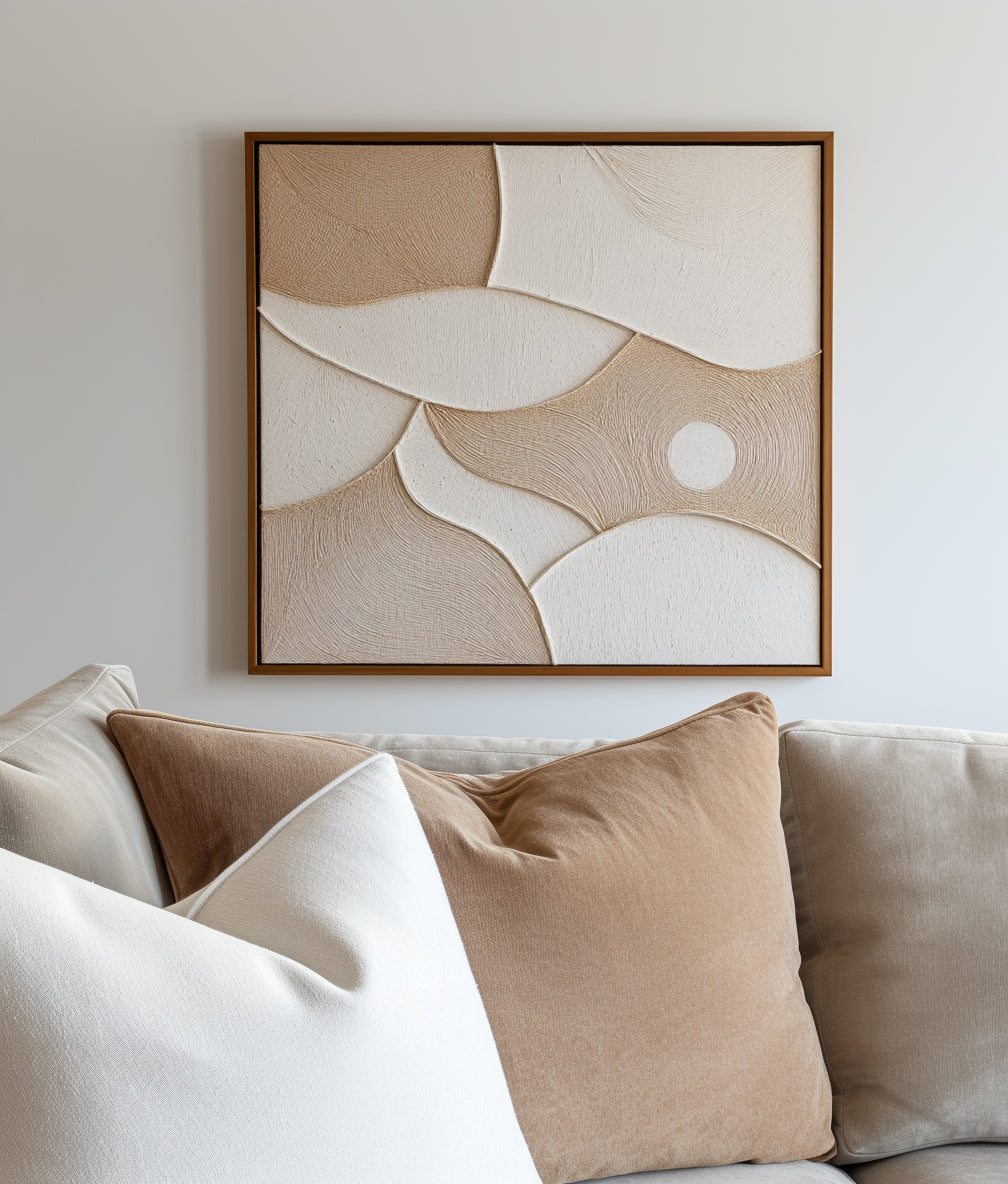 extured abstract wall art in neutral tones, beige and white with flowing shapes.