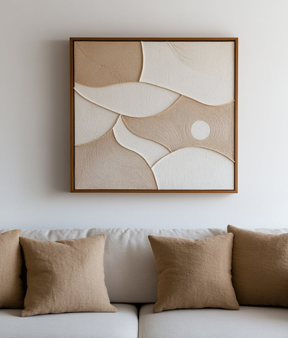 extured abstract wall art in neutral tones, beige and white with flowing shapes.