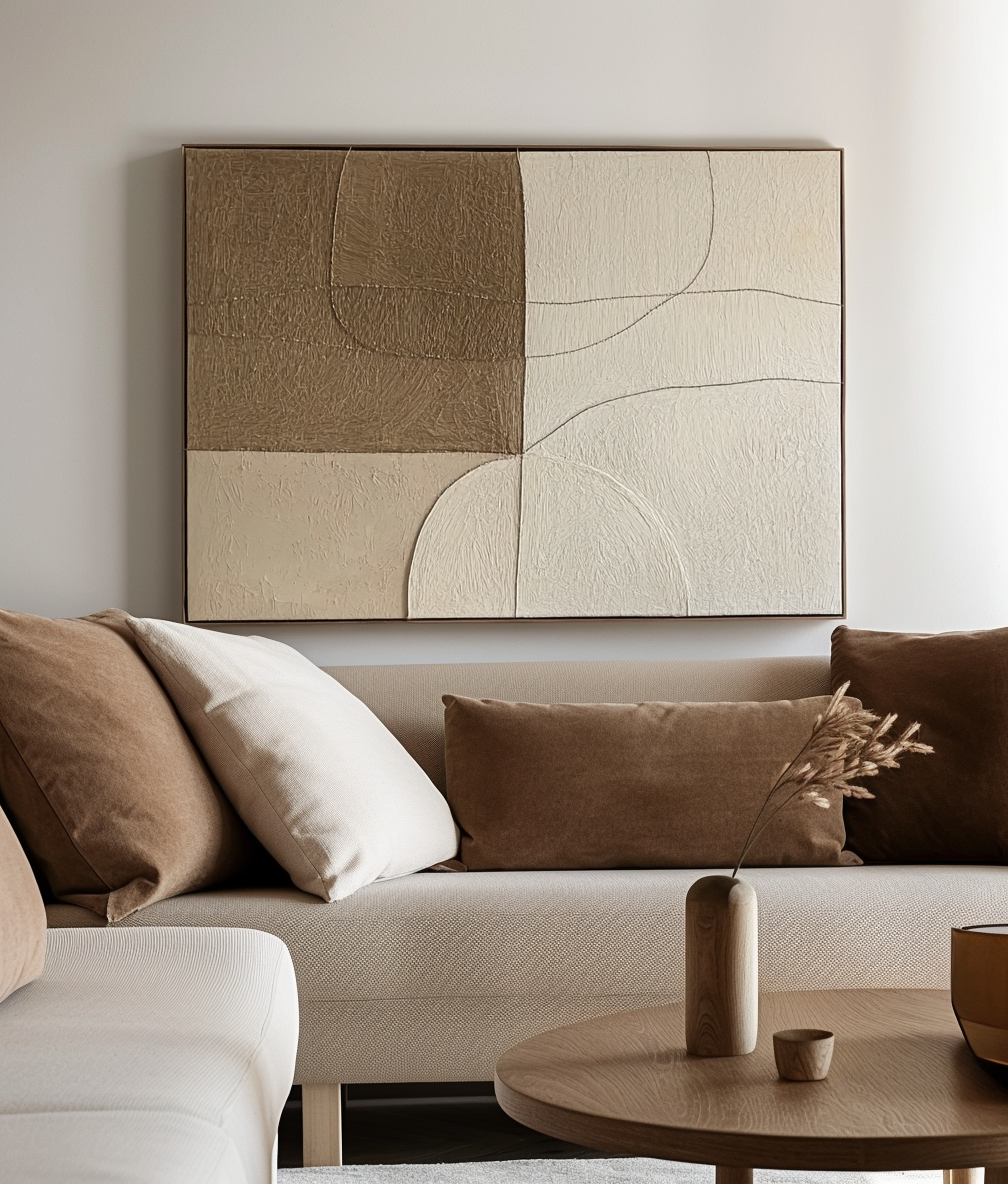 Textured abstract canvas art with neutral tones and minimalist design.