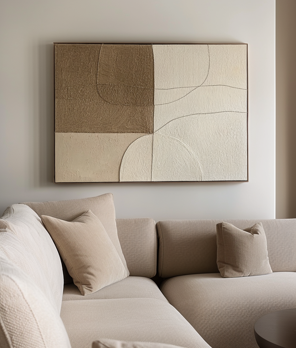 Textured abstract canvas art with neutral tones and minimalist design.